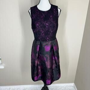 Lovely by Adrianna Papell Purple Floral Lace Silk Feel Like Midi Dress Size 8